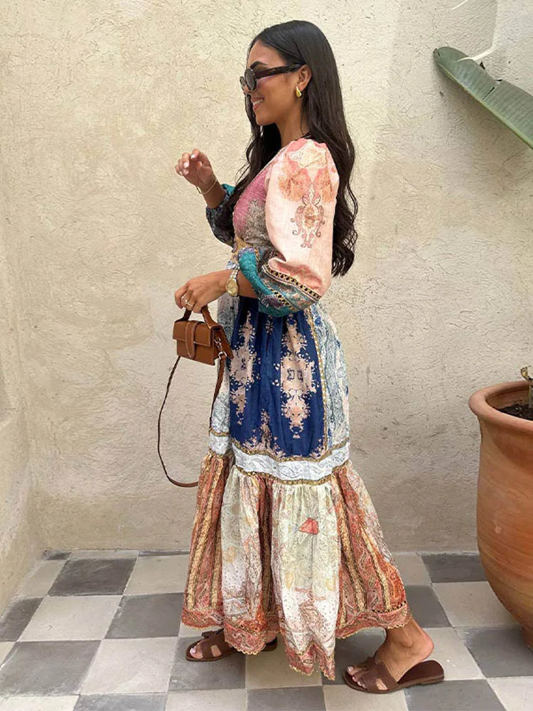 qgtao Vintage Print Lantern Sleeves Maxi Dress Women Elegant V-neck High Waist A-line Dresses 2024 Casual Vocation Streetwear Vestidos
