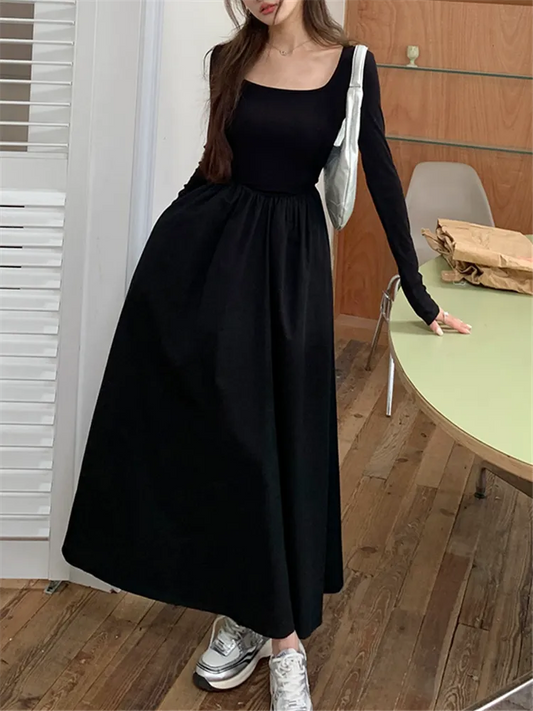 qgtao-New Autumn Fashion Elegant Black Midi Dress for Women Long Sleeve Square Neck Simple Solid Vintage Chic Ladies Dresses Korean