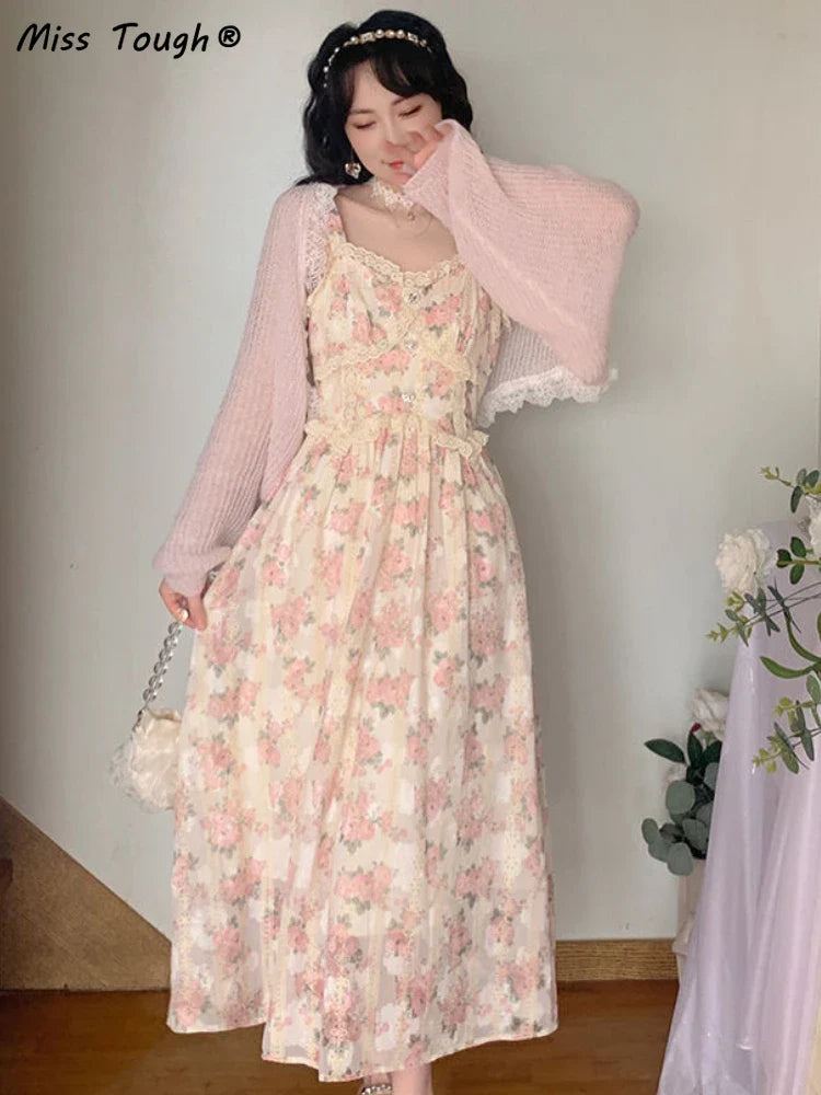 qgtao Elegant Floral Fairy Dress Women Strap Sexy Party Midi Dresses Casual Design Chic Printing High Waist Fashion Female Dress