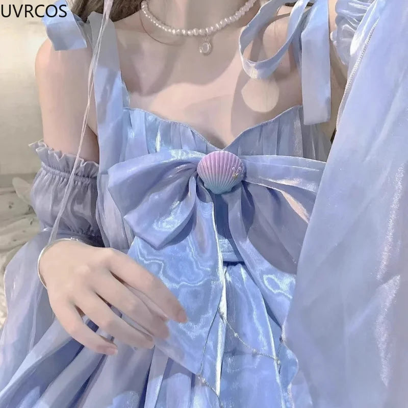 Vintage Elegant Evening Party Long Dress Women Gradient Blue Kawaii Lolita Jsk Dresses Female Bow Bandage Princess Fairy Dress