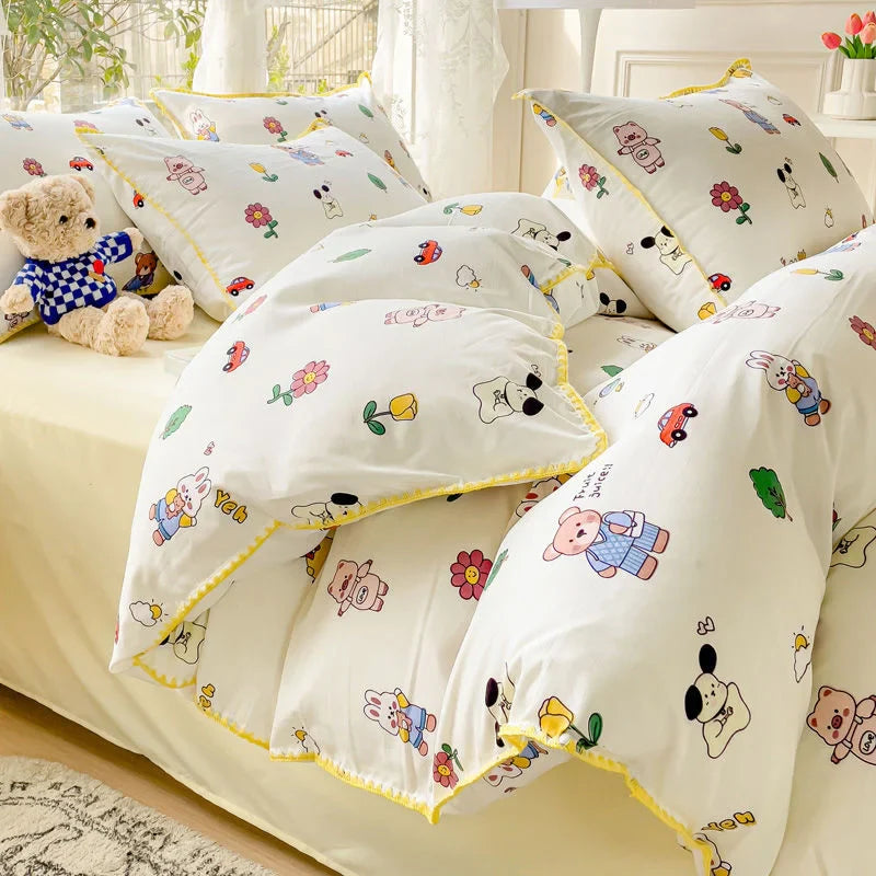 Yeknu Pastoral Girls Flower Bedding Sets, Washed Cotton Bed Linens, Soft Quilt Cover Sheet Set, Simple Bedspread, Home Textiles