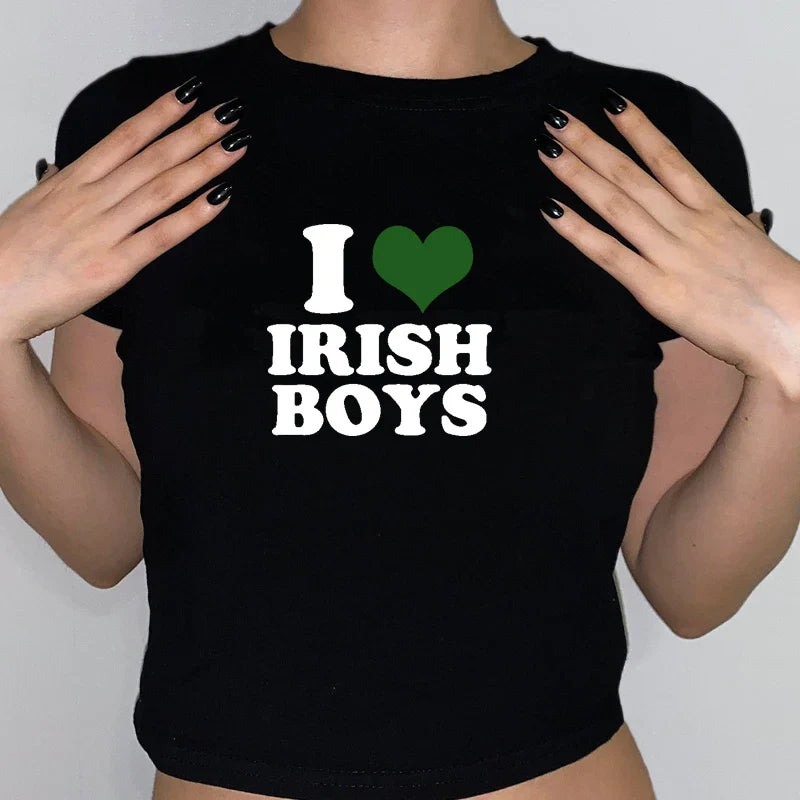 I Love Irish Boys Hip Hop Graphic Women Cropped Tops Harajuku Kawaii Clothes 2000s Y2k Baby Tee Fashion T Shirt Female Crop Top
