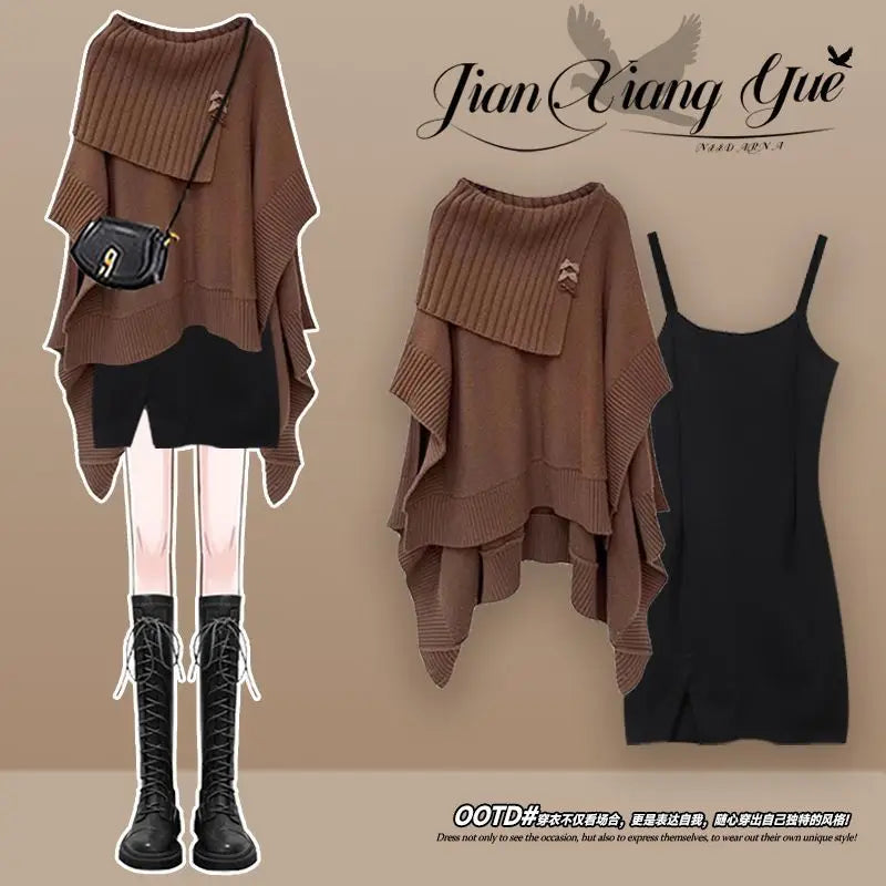 qgtao Korean Fashion Winter Suit Female New Plus Size Women Maillard Personality Loose Knit Sweater Shirt Dress Two-piece Y2k Clothes
