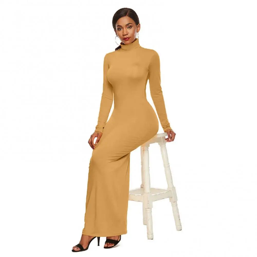 qgtao聽Women Long Dresses Plus Size Party Solid Color Women Long Sleeve Turtleneck Bodycon Dress Maxi Vestidos S-5XL