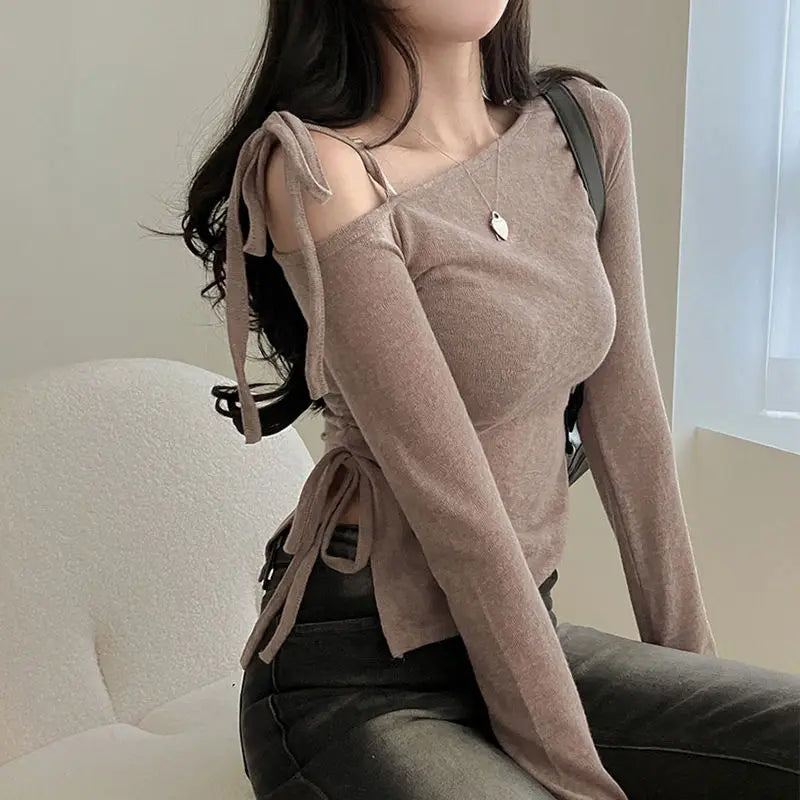 Vintage Y2K Off Shoulders Crop T -shirt Korean Women Long Sleeve Shirring Lace-up Top Blouse Aesthetic Harajuku Gothic Clothes