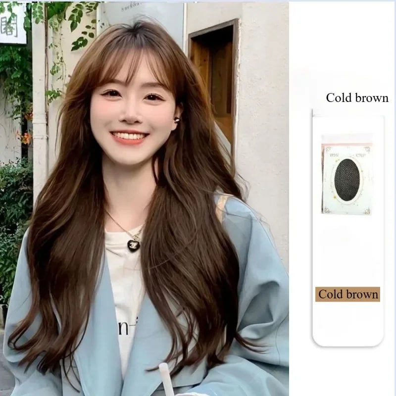 OKLULU - Long water Wave Wig Cold brown with Bangs Cosplay Silky Wig for Women Daily Party Natural Soft Synthetic Hair Heat Resistant 여장