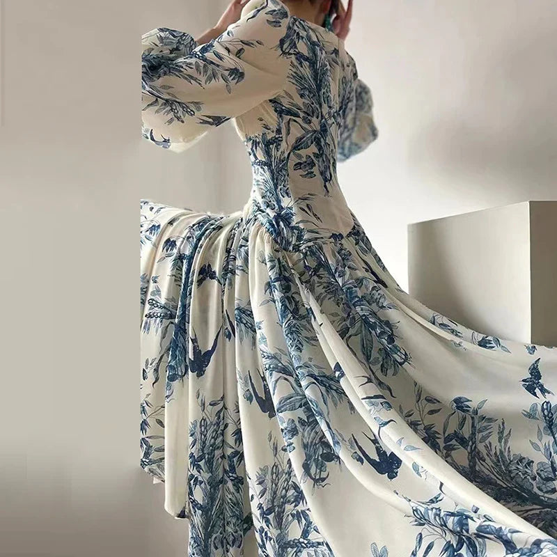 qgtao French Vintage Dress Women 2024 Spring V Neck Beaded Empire Chiffon Long Dress Autumn Printed Lantern Sleeve Hem Boho Maxi Dress