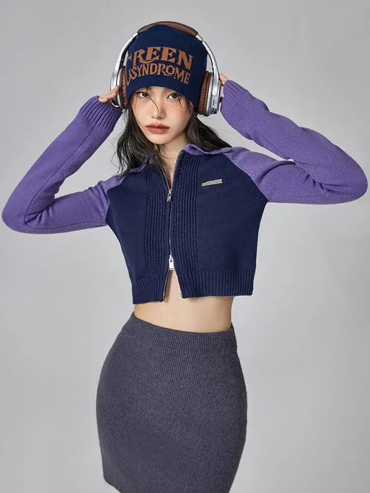 Tonngirls American Retro Knit Cardigan Women Patchwork Slim Y2k Vintage Crop Tops Streetwear Turn Down Collar Cardigan Sweater