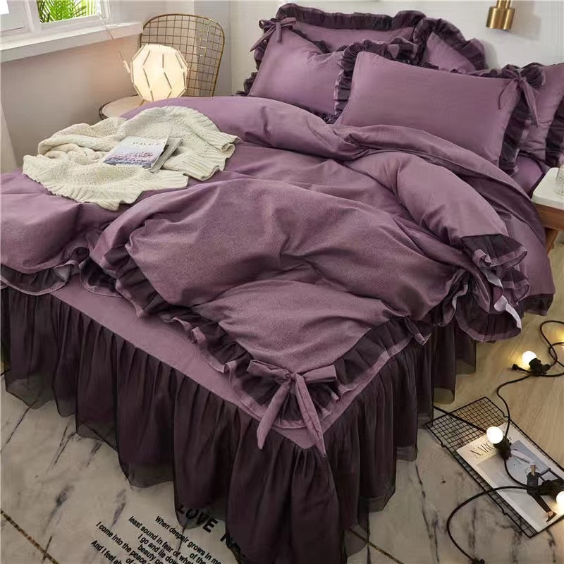 Yeknu Arctic Velvet Pastoral Lace Solid Color Four-Piece Pillowcase Bed Sheet Quilt Cover Quilt Cover 200*230cm Bed Sheet Set
