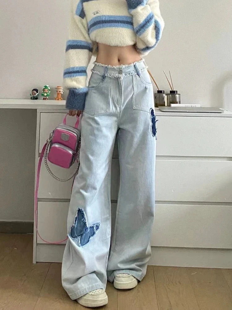qgtao - Blue Jeans Plus Size Women Y2k Fashion Loose Butterfly Patchwork Causal High Waist Denim Pants Streetwear Retro Bottoms