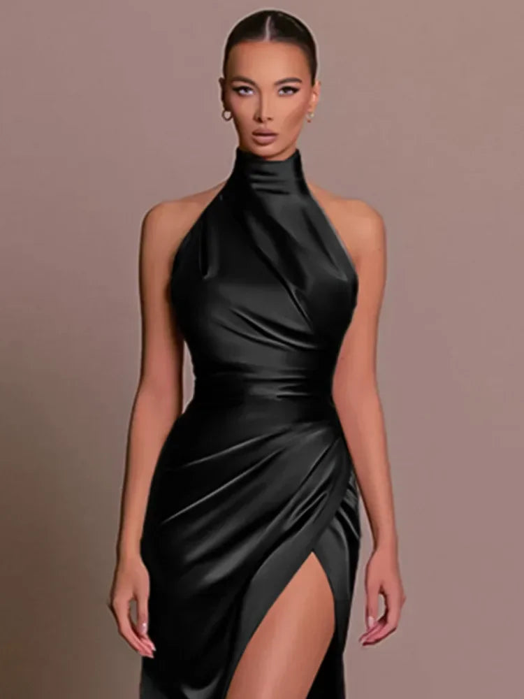 qgtao Elegant Luxury Party Evening Dress Sexy Women Sleeveless Long Halter Dress Fall Backless High Split Bodycon Maxi Dresses Black