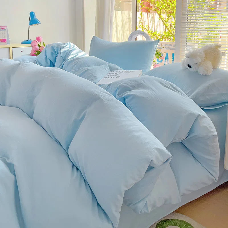 Yeknu Girls Blue Duvet Cover Set Twin Full Queen Size Soft Flat Sheet Pillowcase Bed Linen Princess Style Solid Color INS Bedding