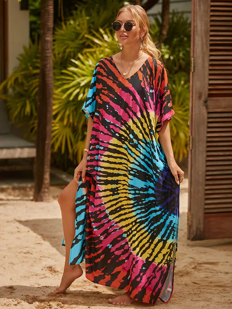 qgtao Cover-ups Kaftan Dress Print Swimsuit Plus Size Swimwears Caftans Maxi Beach Outfits Dress Vacation Outfits