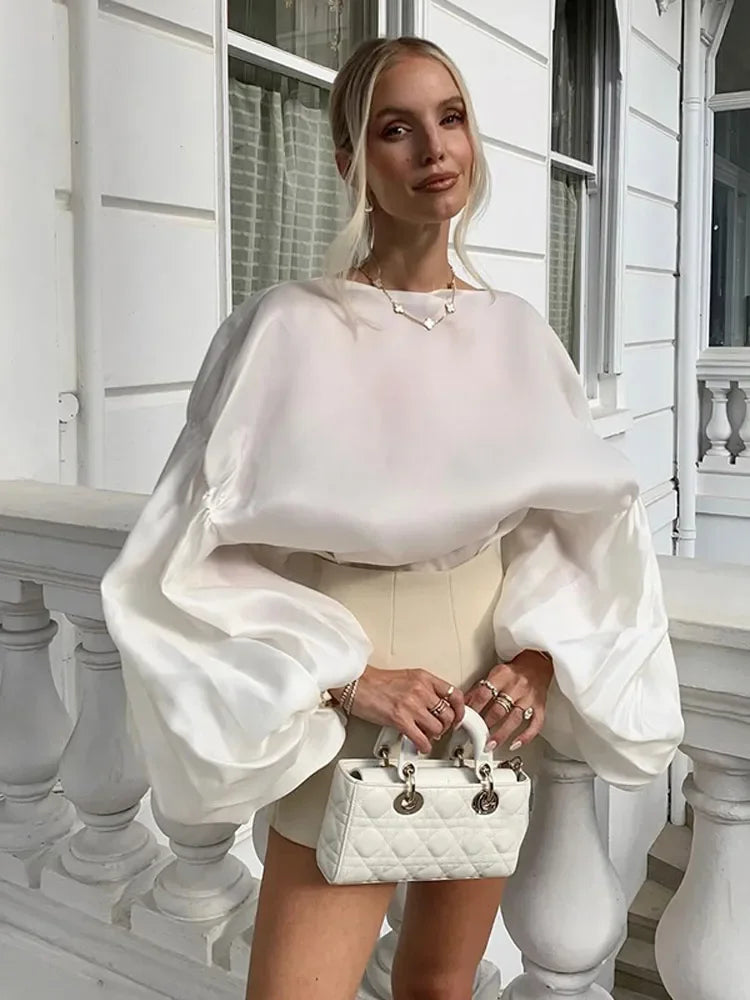 qgtao - Women's Elegant Chiffon Lantern Sleeve Blouse For Women Fashion Solid Color O Neck Loose Large Fit Tops Commuter Streetwear