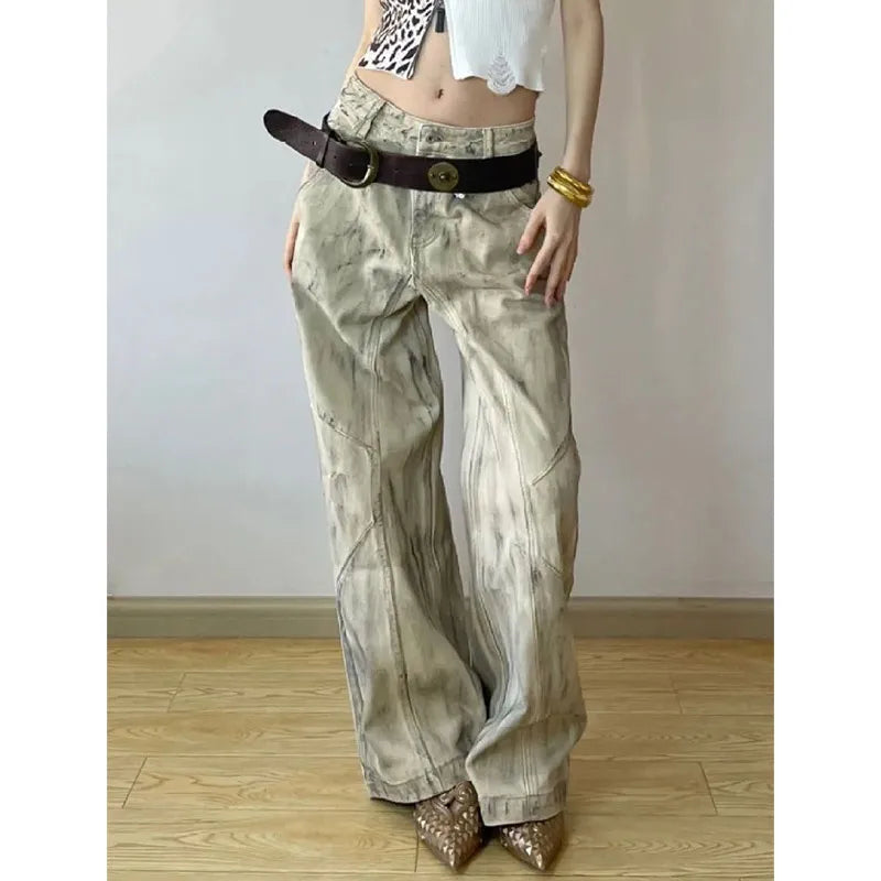 qgtao - Blue Womens Jeans High Waist Vintage Straight Summer Y2K Classic Denim Pants Streetwear American Wide Leg Baggy Denim Trouser