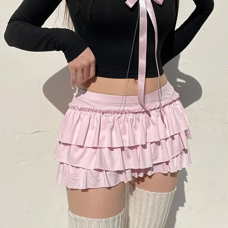 qgtao Coquette Pink Sexy Mini Skirt Women Ruffle Bow Sweet Kawaii Layered Short Skirt Lolita Pleated Solid Y2k Casual Skirts