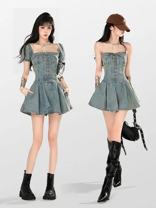 qgtao 2024 Summer Fashion Sexy Denim Bandage Pleated Mini Dress Women Party Dresses Vestidos Fiesta Mujer