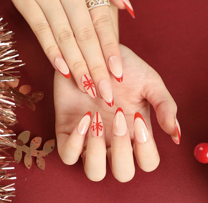24Pcs Christmas False Nails Wearable French Fake Nails Almond Ballet Press on Nail Snowflakes Santa Hat Design Manicure Tips