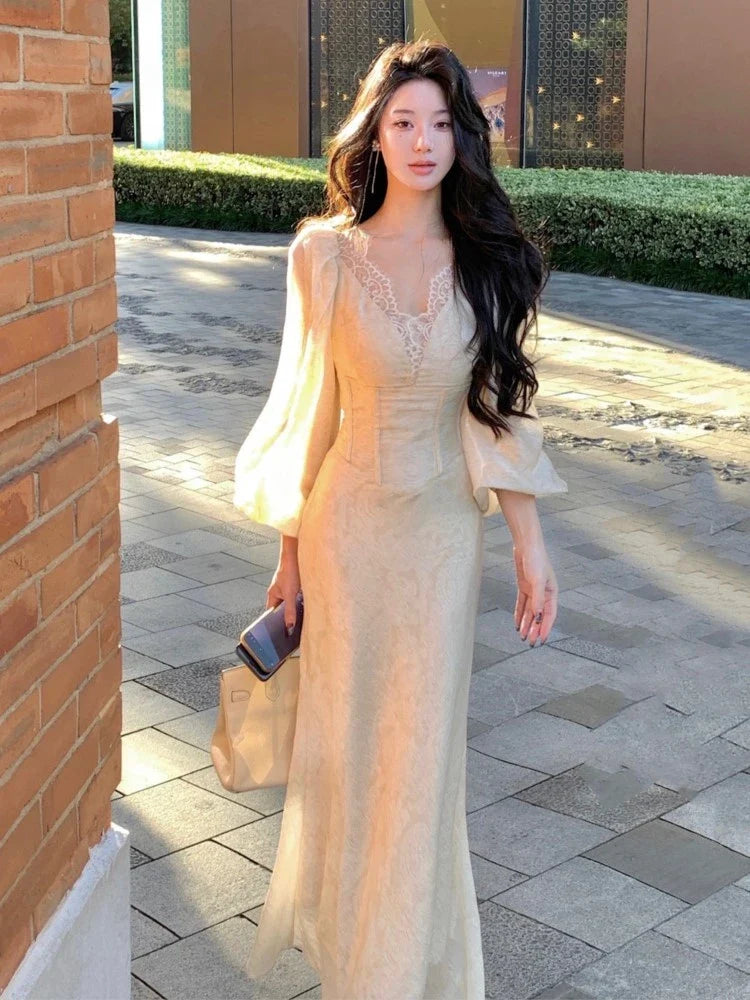 qgtao Autumn Bodycon Midi Dresses for Women Lantern Sleeve Lace V-neck Slim Waist Mermaid Wedding Evening Party Dress Female Vestidos