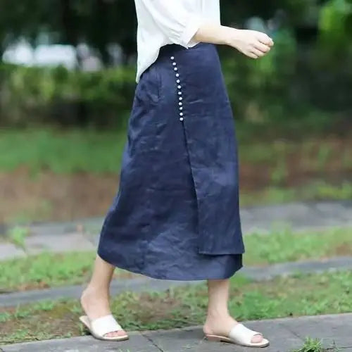 Women's Straight Skirt Spring Summer Cotton Linen A-line Skirt Female Solid Blue White Side Split Vintage Long Skirts Women