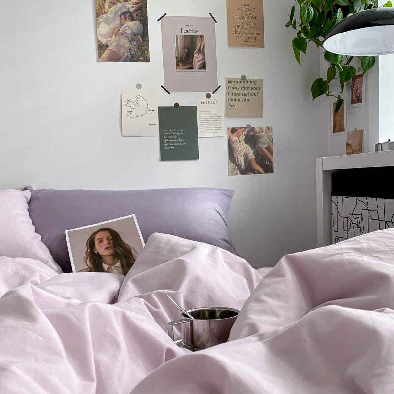 Yeknu Nordic Princess Purple Girls Bedding Set Single Double Size Flat Sheet Solid Color Duvet Cover Pillowcase Bed Linen Home Textile