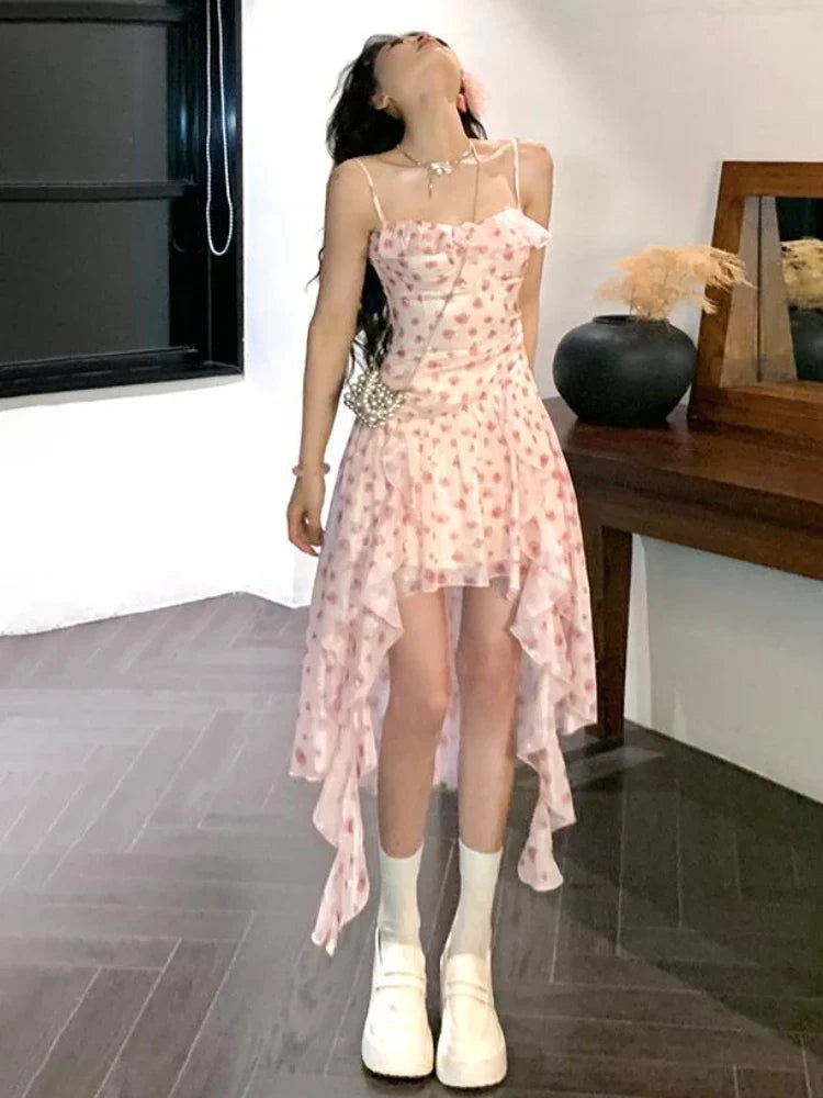 qgtao Autumn Korean Floral Midi Dress Women Sweet Chic Irregular Printing Fairy Strap Dress Fashion Princess Evening Party Dress 2024