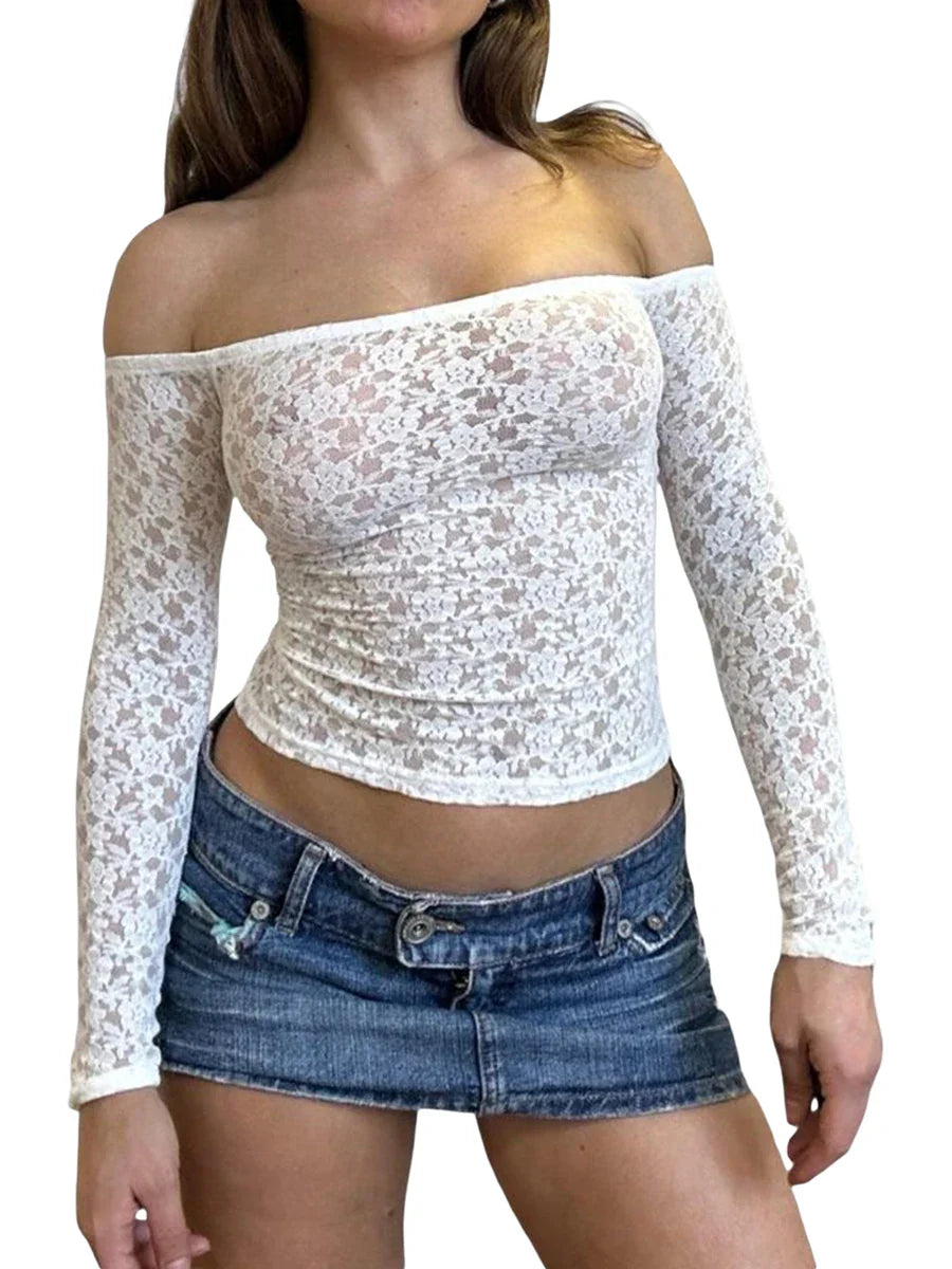 qgtao Y2k Sexy Lace Off Shoulder T-Shirt Long Sleeve Bodycon Cropped Tee Tops Solid Slim Shirt Blouse 2000s Aesthetic Tops