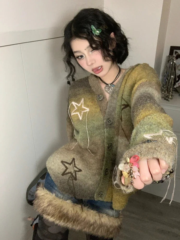 qgtao Vintage Star Knitted Cardigan Women Harajuku Autumn Winter Oversized Sweater Retro Embroidery Tops Fairycore Aesthetic