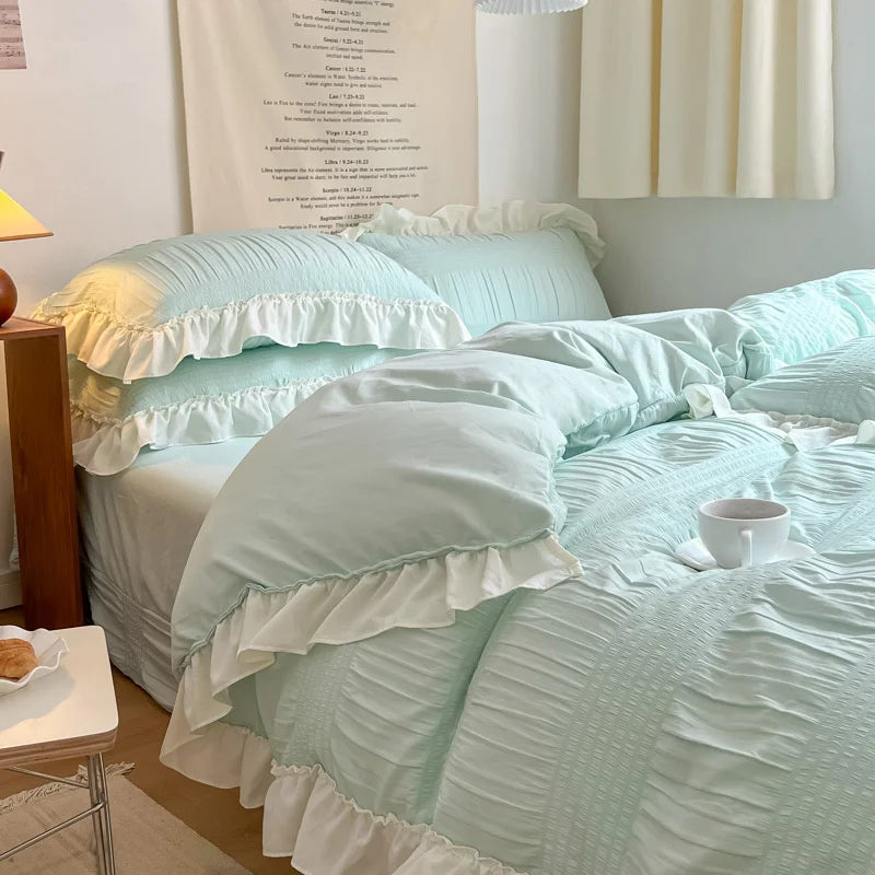 Yeknu Ins Style Korean Lace Seersucker Washed Cotton 4-piece Bed Sheet Quilt Cover Solid Color Duvet Cover For Girl Spring Decor Home