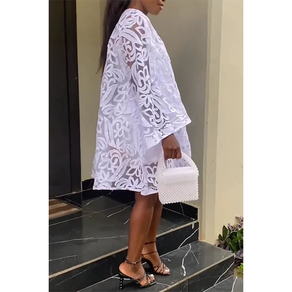 qgtao Plus Size Homecoming Dress White See-Through Lace Flare Sleeve Two Piece Mini Dress