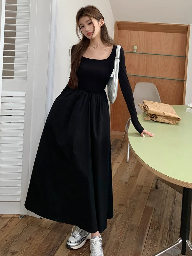 qgtao-New Autumn Fashion Elegant Black Midi Dress for Women Long Sleeve Square Neck Simple Solid Vintage Chic Ladies Dresses Korean