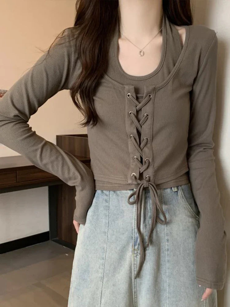 Sexy Halter Crop Top Women Spring Autumn Long Sleeve Bandage T-shirts Female Korean Fashion Vintage Spicy Girl Slim Y2k Clothes