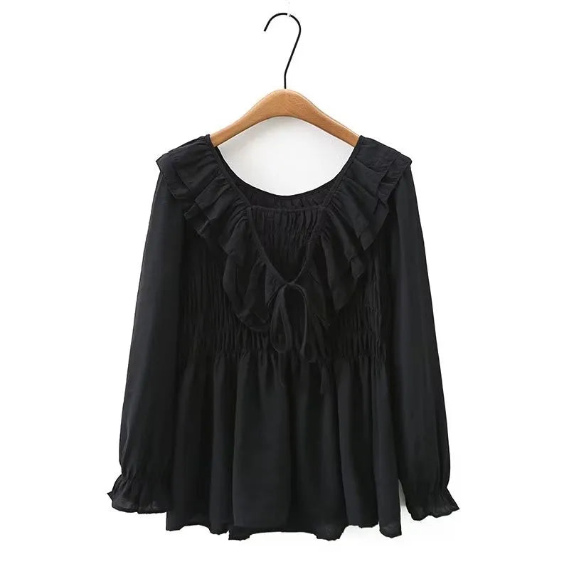 qgtao Plus Size Women's Clothing Autumn Pullover Imitation Silk Satin Shirt Top With High Stretch Pleats And Ruffles On The Chest