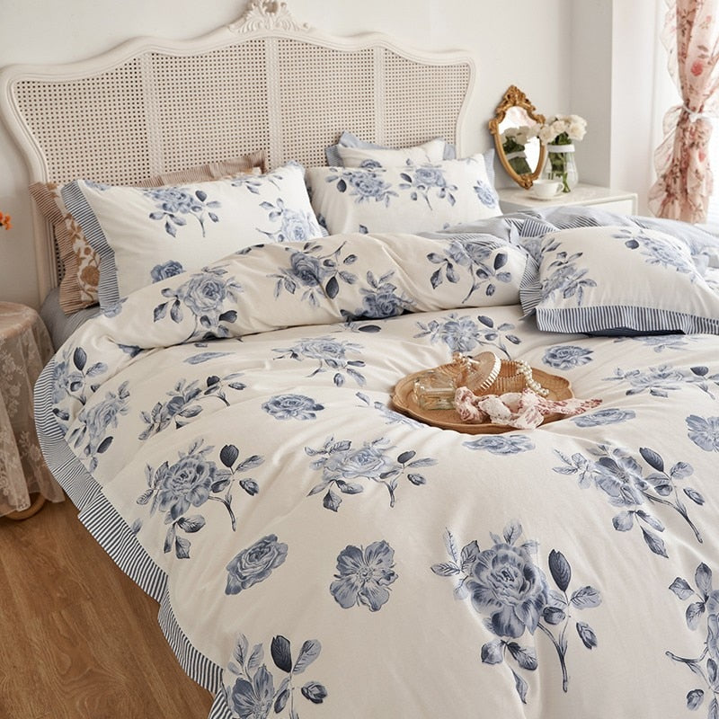Yeknu Floral Blossom Print Duvet Cover Blue White Botanical 100%Cotton Comfy 4Pcs Double Queen King Bedding Set Bed sheet Pillowcases