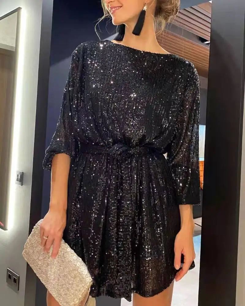 Party Dress Woman Clothes Vestidos Sexy Autumn Sequin Mini Dresses Ladies Vintage Elegant Loose Women Dress Robe Femme Fashion