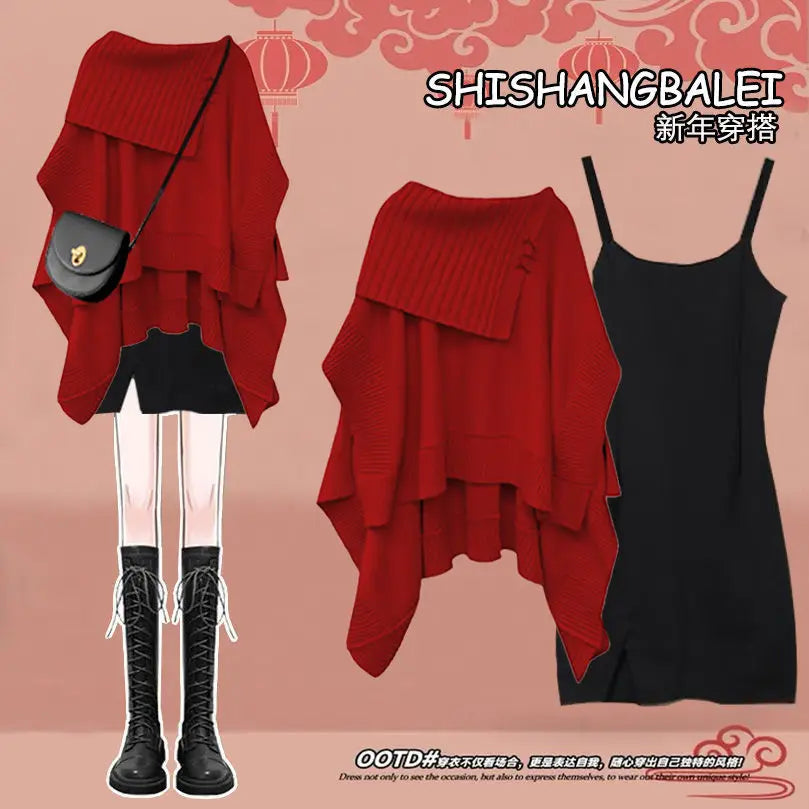 qgtao Korean Fashion Winter Suit Female New Plus Size Women Maillard Personality Loose Knit Sweater Shirt Dress Two-piece Y2k Clothes