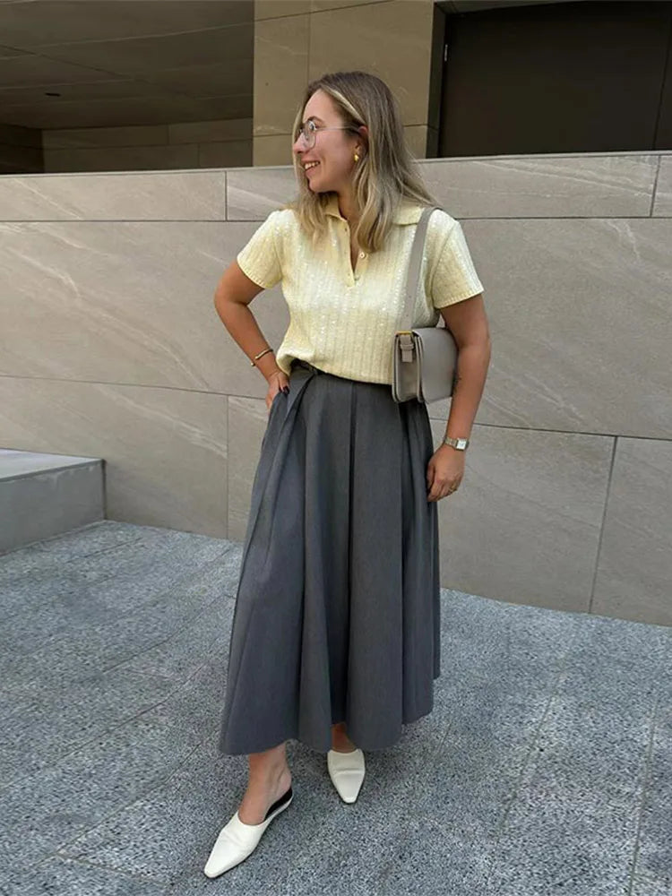 qgtao - Elegant Sequins Sparkling Knitted Short Sleeved Pullover Female Solid Simple Lapel Button Pullovers 2024 New Lady Knitwear Tops