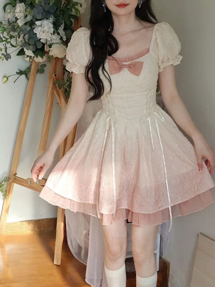 qgtao Bubble Sleeve Kawaii Lolita Mini Dress Women Pink Bow Princess Sweet Party Cute Dress A-Line Elegant Fairy Dress 2024 Spring New
