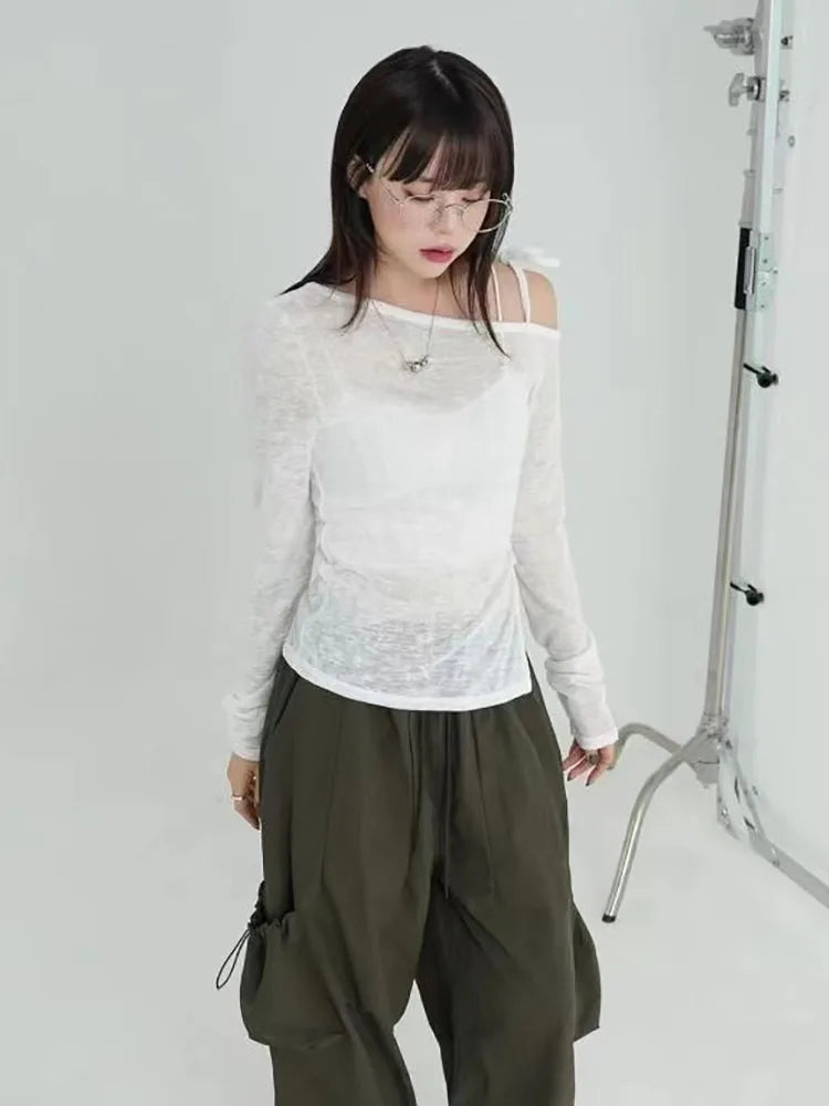 Vintage Y2K Off Shoulders Crop T -shirt Korean Women Long Sleeve Shirring Lace-up Top Blouse Aesthetic Harajuku Gothic Clothes