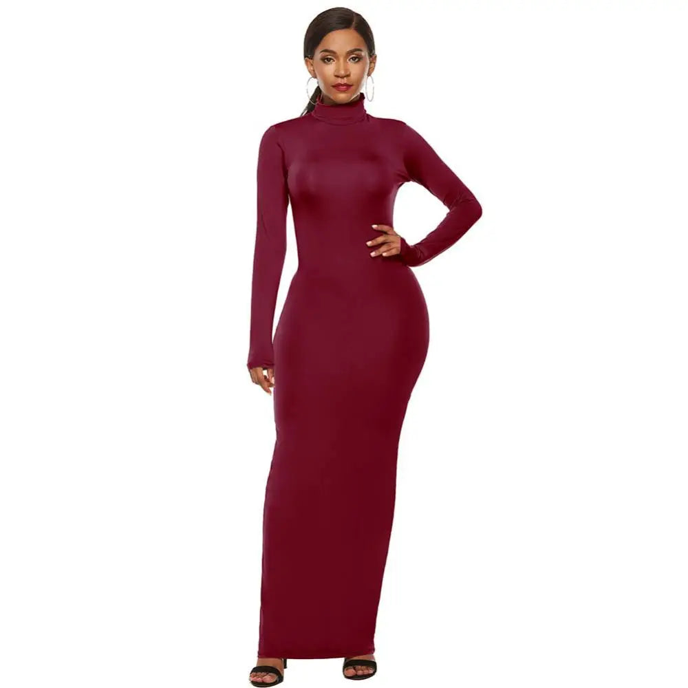 qgtao聽Women Long Dresses Plus Size Party Solid Color Women Long Sleeve Turtleneck Bodycon Dress Maxi Vestidos S-5XL