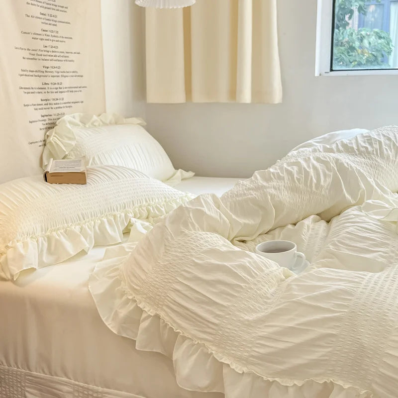 Yeknu Ins Style Korean Lace Seersucker Washed Cotton 4-piece Bed Sheet Quilt Cover Solid Color Duvet Cover For Girl Spring Decor Home