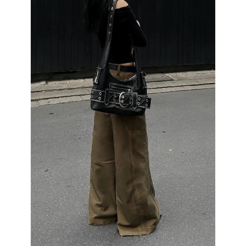 qgtao - Women's Brown Y2k Low Rise Jeans Harajuku Denim Trousers Streetwear Y2k Baggy Jean Pants Vintage 90s Aesthetic 2000s Clothes