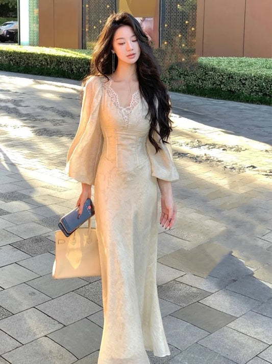 qgtao Autumn Bodycon Midi Dresses for Women Lantern Sleeve Lace V-neck Slim Waist Mermaid Wedding Evening Party Dress Female Vestidos