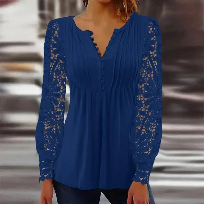 Lace Long Sleeve Pleated Blouse Women Sexy V Neck Hollow Out Button T Shirts Lady Spring Autumn Clothes Tops
