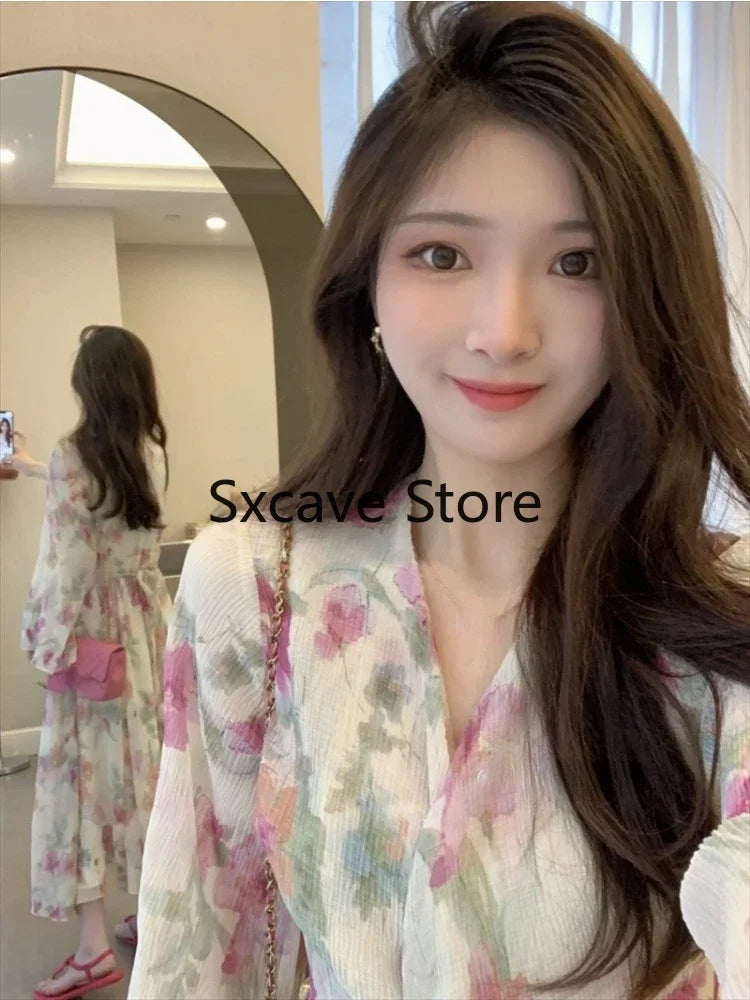 qgtao French Sweet Floral Midi Dress Women 2024 Summer Design Elegant Vintage Dress Office Lady Even Party Chiffon Dress Korea Fashion