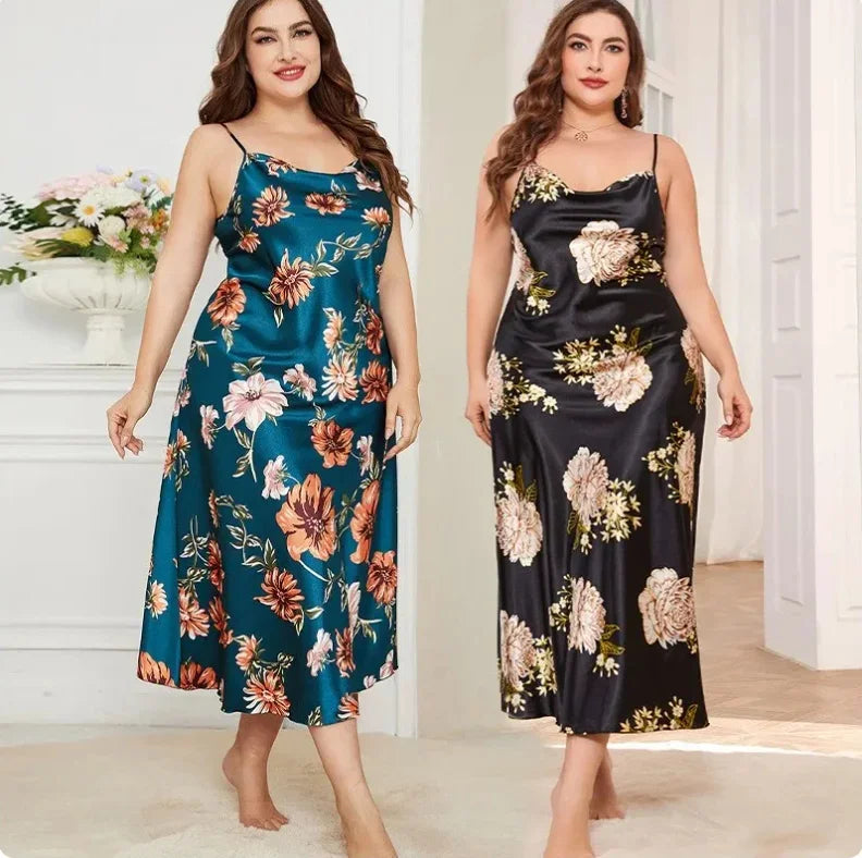 qgtao XL-5XL Big Size Sexy Suspender Nightdress Sleepwear Lingerie Summer Women Nightgown Loose Silky Satin Dressing Gown Loungewear plus