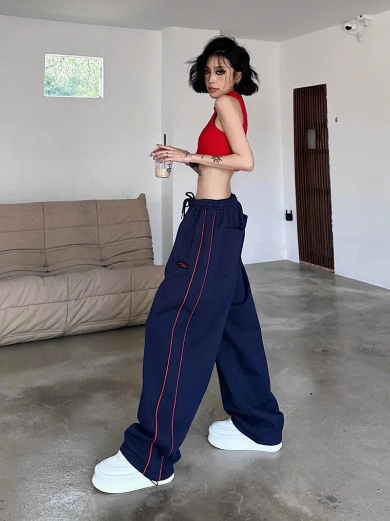 qgtao Vintage Baggy Jogging Striped Sweatpants Women Y2k Harajuku High Street Sport Pants Elastic Waist Straight Casual Trousers