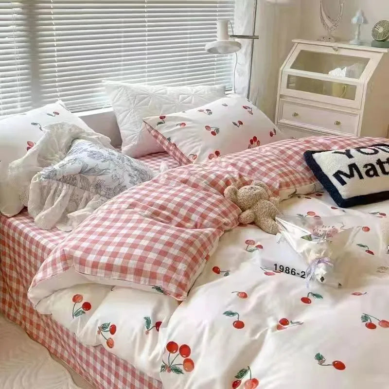 Yeknu - Kawaii Cherry Duvet Cover Set Pillowcase Flat Sheet Floral Boys Girls Twin Full Size Soft Bedding Kit Korean Ins Style Home Use