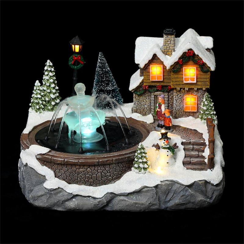 Christmas Village Ornaments Santa Claus Snow House Luminous LED Light Up Music Xmas Tree Water Fountain Xmas New Year Home Decor