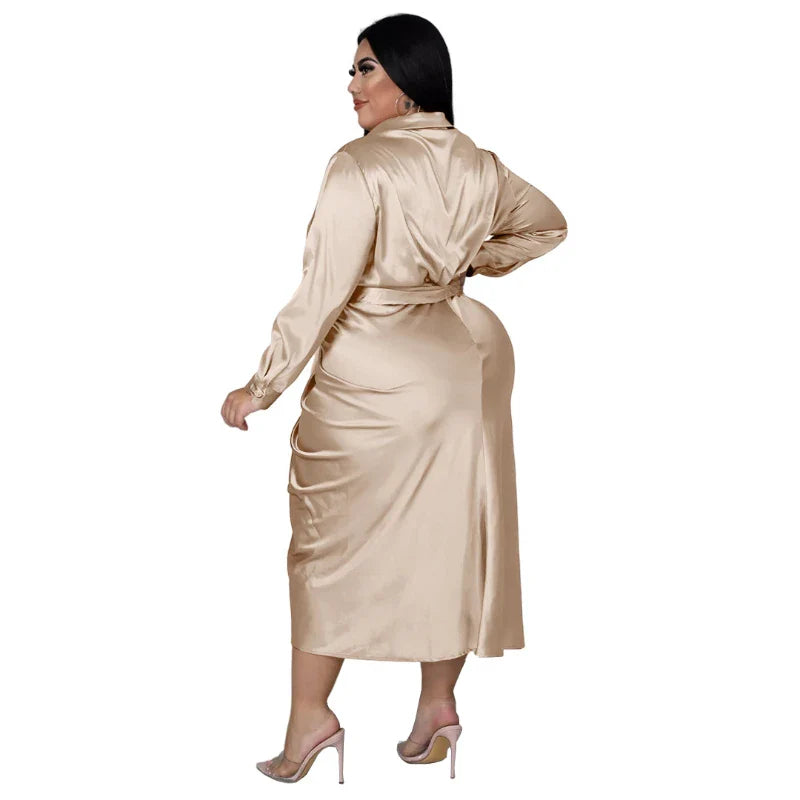 qgtao Elegant Satin Plus Size Women Shirt Dress Sexy Ruched Long Sleeve Lace Up Evening Party Midi Drerss Vestido Africano Feminino